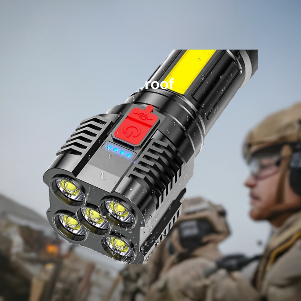 ABS Waterproof 5 LED Military Flashlight - USB Charging 4 COB Modes For Outdoor